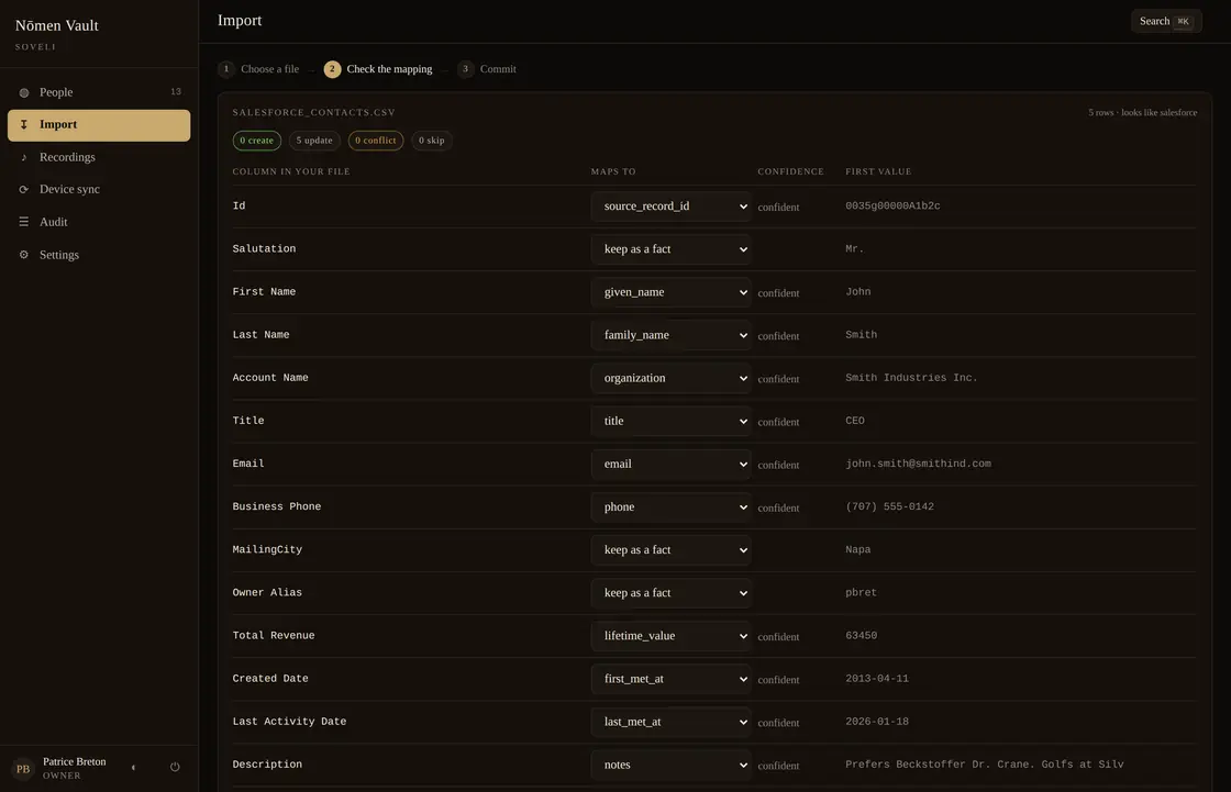 The import screen showing each column of a Salesforce export mapped to a vault field, with a confidence rating and a preview of what each row will do.